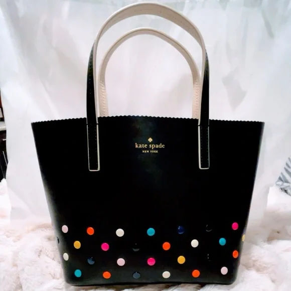 Kate Spade NEW Black Leather Multicolor Dots Tote Bag, Dust Bag Included